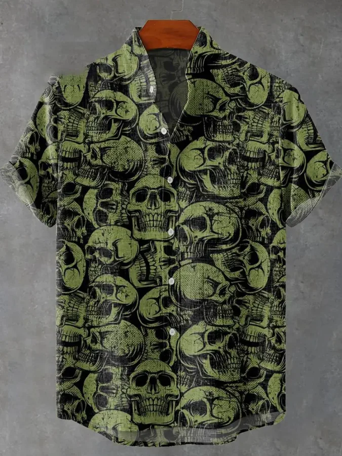 Halloween skull print stand collar shirt
