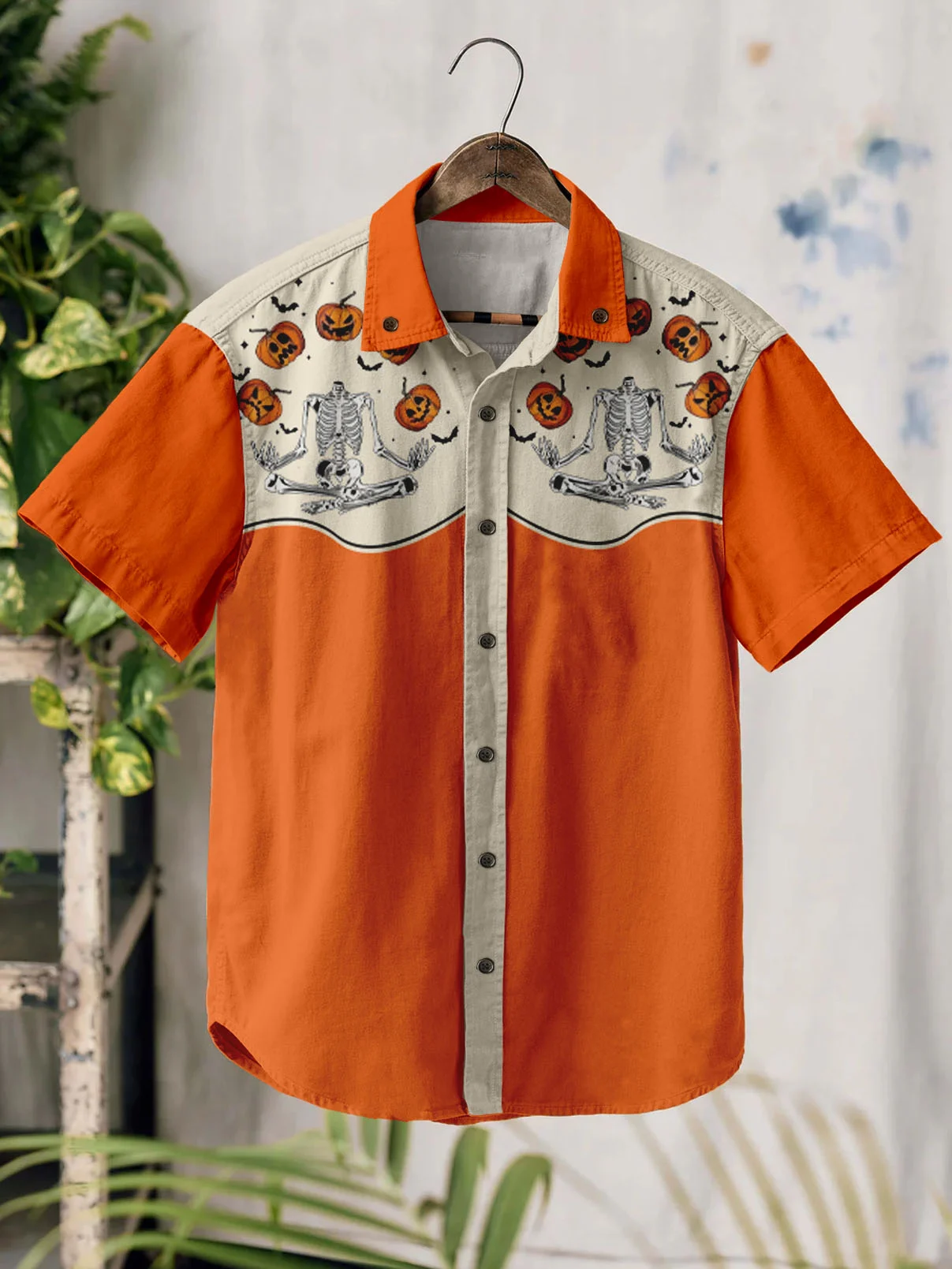 Western Retro Halloween Skull Pumpkin 100% Cotton Short Sleeve Shirt