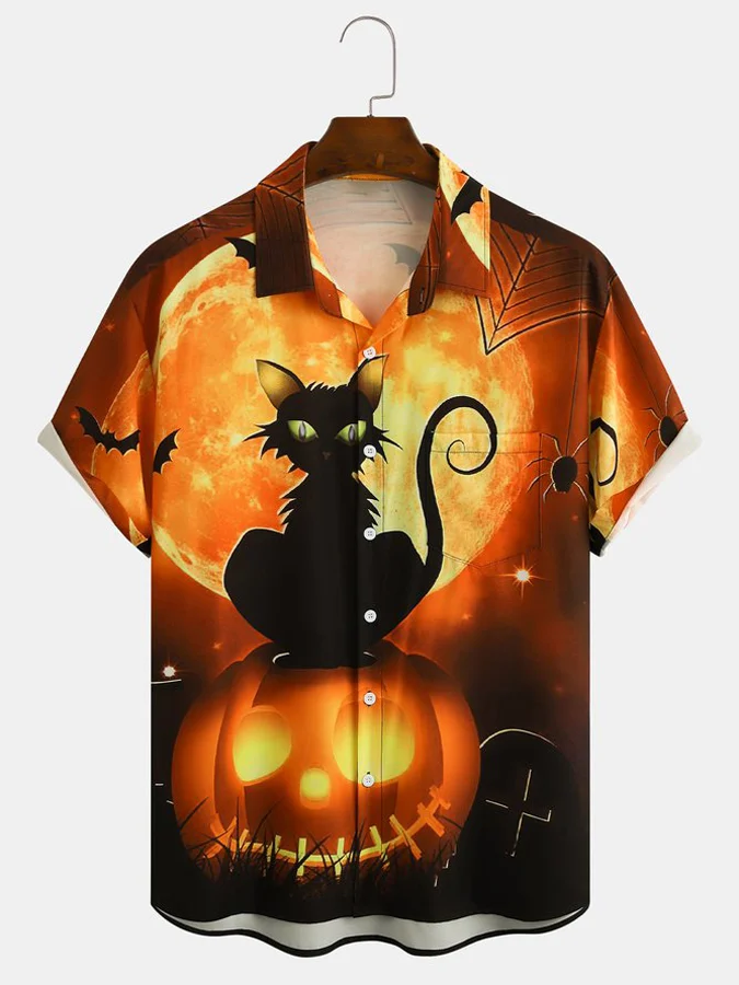 Men's Halloween Cat Print Casual Pocket Short Sleeve Shirt