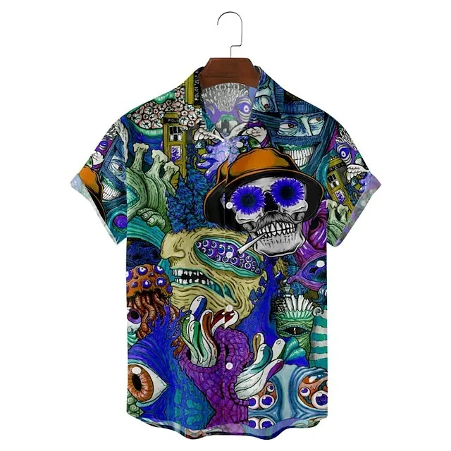 ROGOMAN MEN'S SKULL PRINT CASUAL SHORT SLEEVE SHIRT