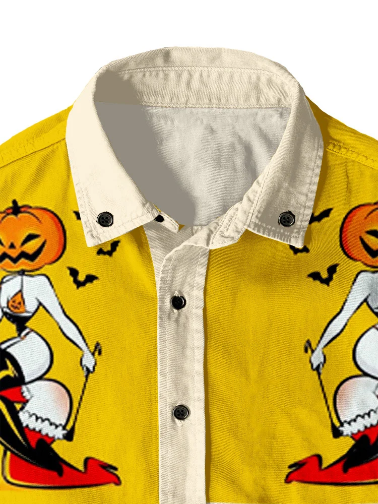 Western Retro Halloween Skeleton Witch 100% Cotton Short Sleeve Shirt