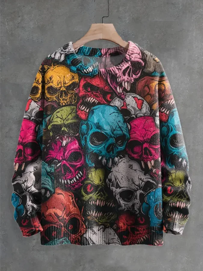Vintage Multicolor Skull Halloween Art Print Knit Pullover Sweater