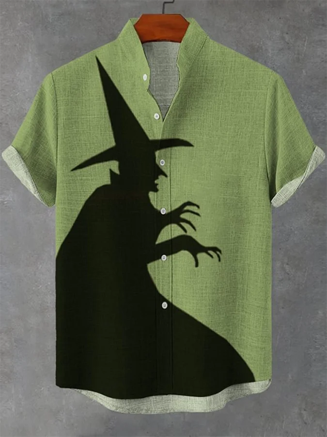 Men's Halloween Witch Print Casual Stand Collar Shirt