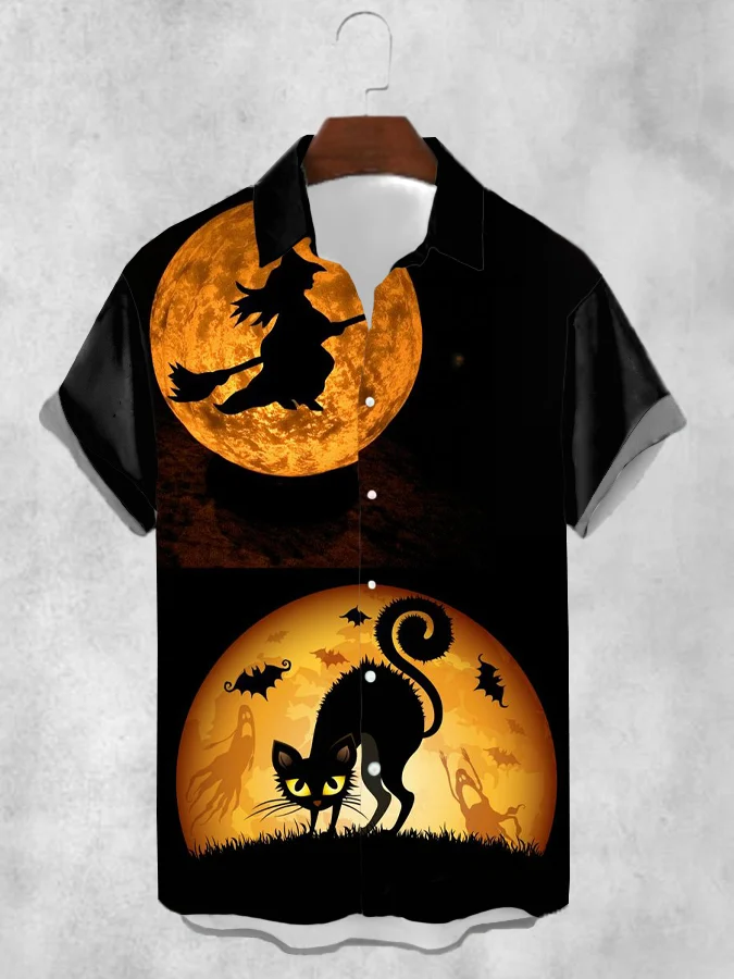 Men's Halloween Cat Print Casual Short Sleeve Shirt
