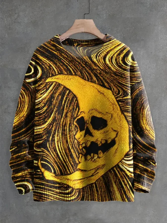 Weird Yellow Crescent Moon Decorative Pattern Knit Pullover Sweater