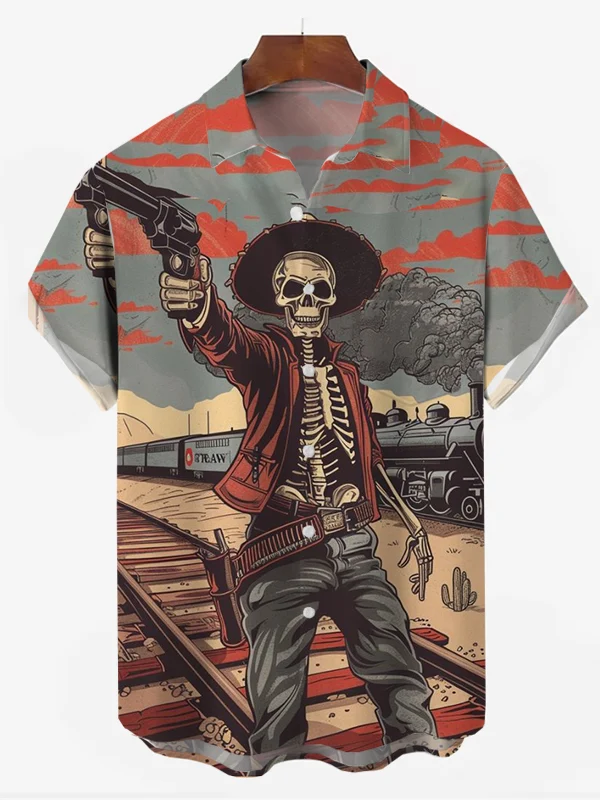 Men's Western Gunfighter Skull Print Shirt