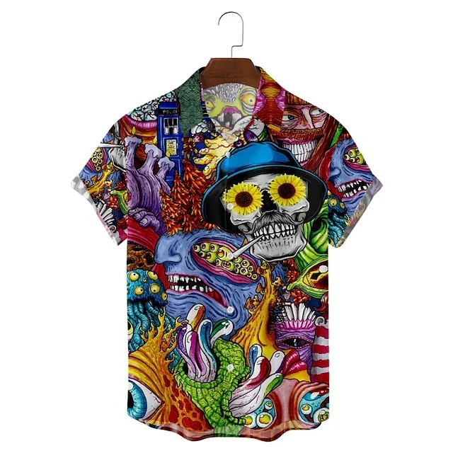 ROGOMAN MEN'S SKULL PRINT CASUAL SHORT SLEEVE SHIRT