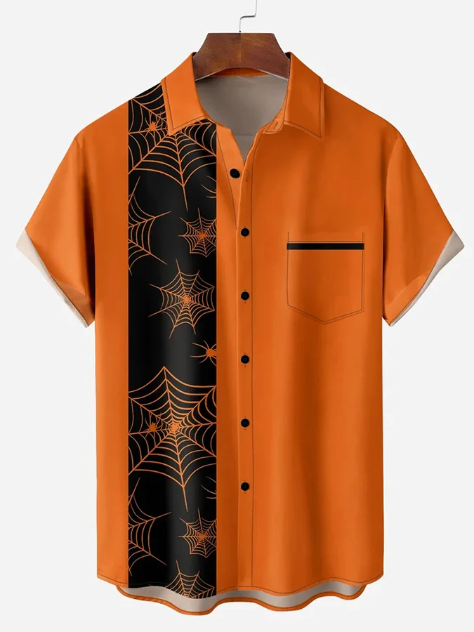 Trendy Halloween Spider Web Print Short Sleeve Shirt