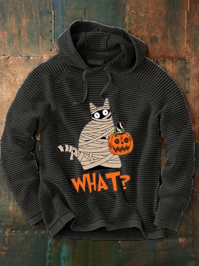 Men's Halloween What Cat Print Casual Hooded Sweatshirt