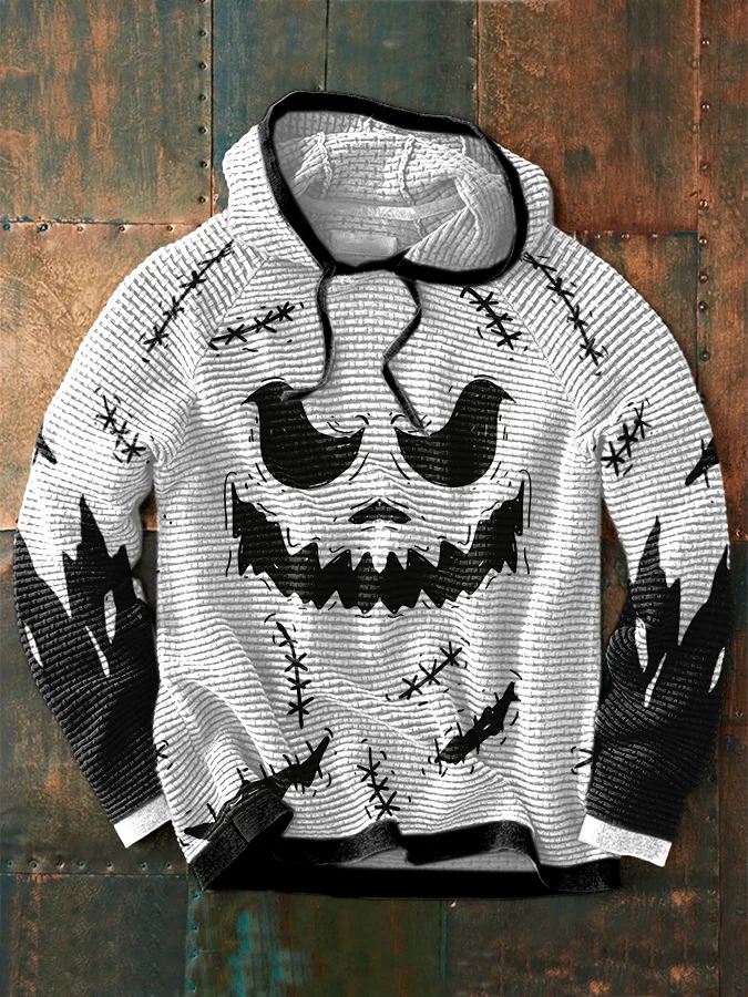 Men's Halloween Pumkin Face Print Casual Hooded Sweatshirt