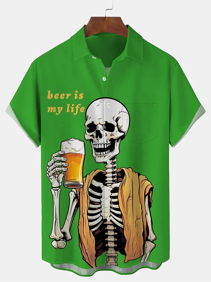 Men's Beer Is My Life Skull Print Shirt With Pockets