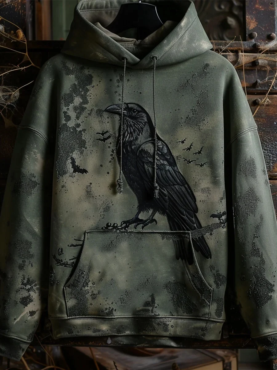 Men's Gothic Dark Crow Halloween Printed Hoodie