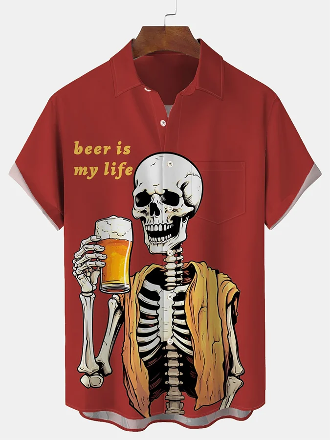 Men's Beer Is My Life Skull Print Shirt With Pockets
