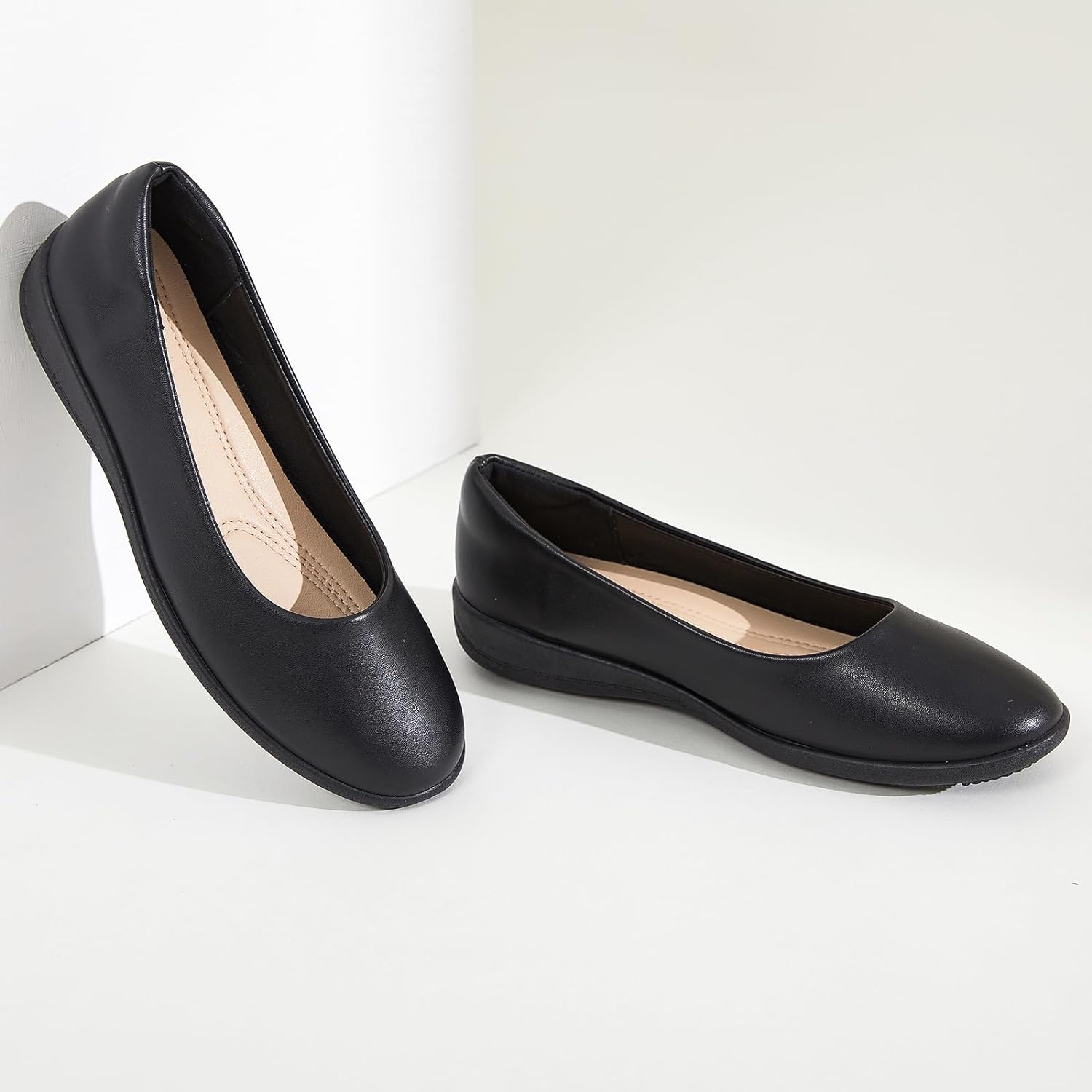 Women's Flats Comfortable Black Flats Shoes Women Round Toe Ballerina Flats Leather Dress Shoes Work Flats for Office