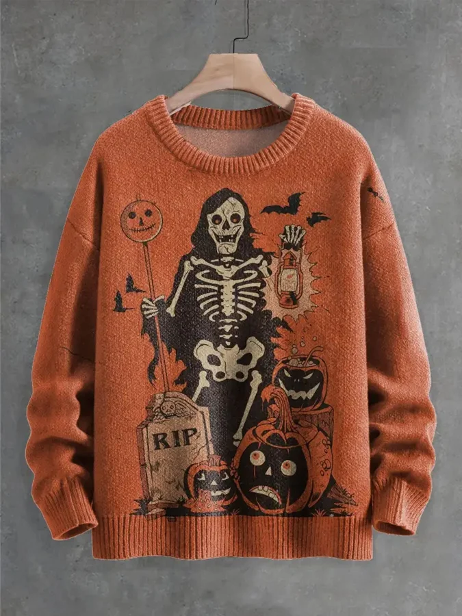 Halloween Carnival Pumpkin Grim Reaper Back From The Grave Art Print Knit Pullover Sweater