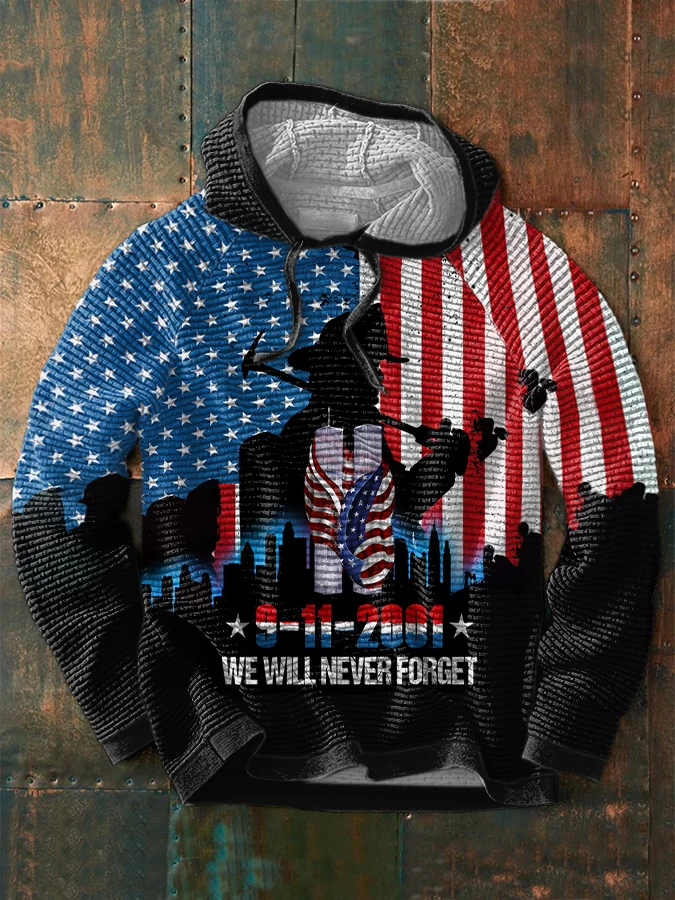 Men's Retro Patriot Day We Will Never Forget 911 Print Waffle Hoodie