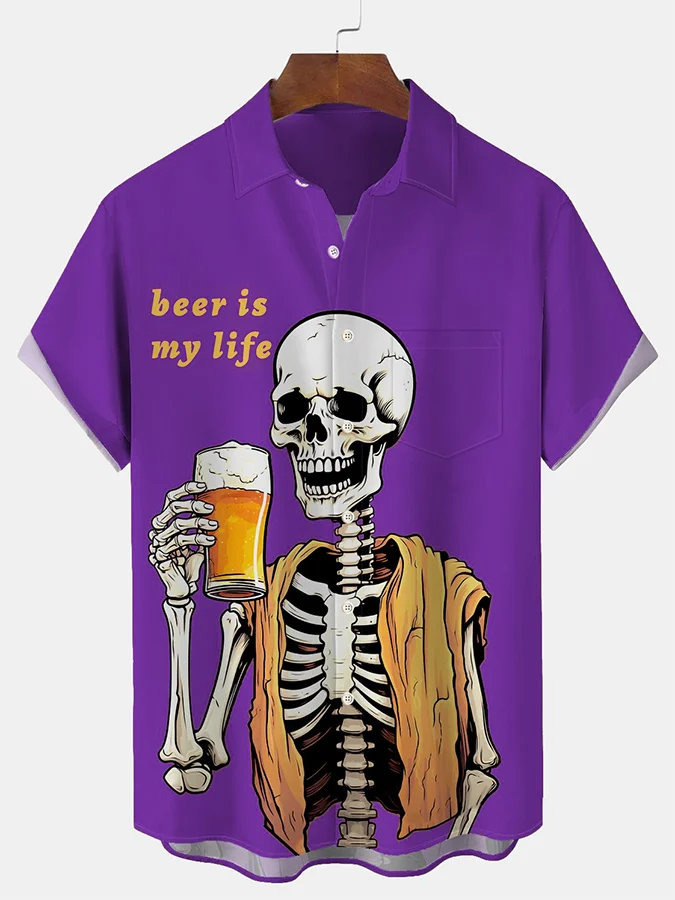 Men's Beer Is My Life Skull Print Shirt With Pockets