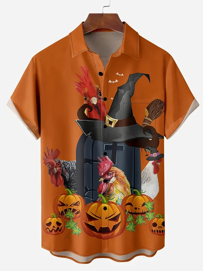 Fashion Halloween Pumpkin Chicken Print Short Sleeve Shirt