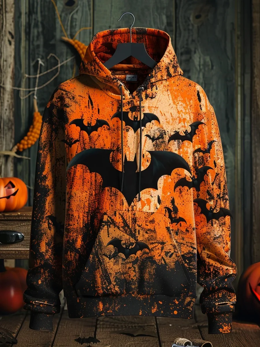 Men's Gothic Dark Bat Halloween Printed Hoodie