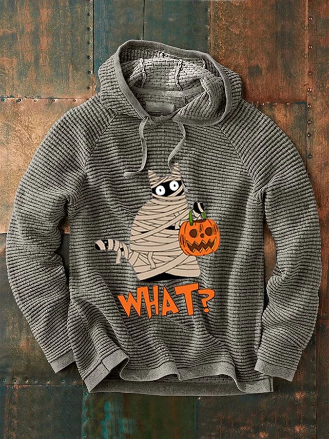 Men's Halloween What Cat Print Casual Hooded Sweatshirt