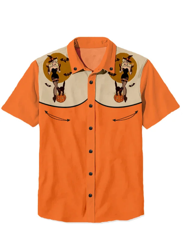 Western Retro Halloween Beauty Cat 100% Cotton Short Sleeve Shirt