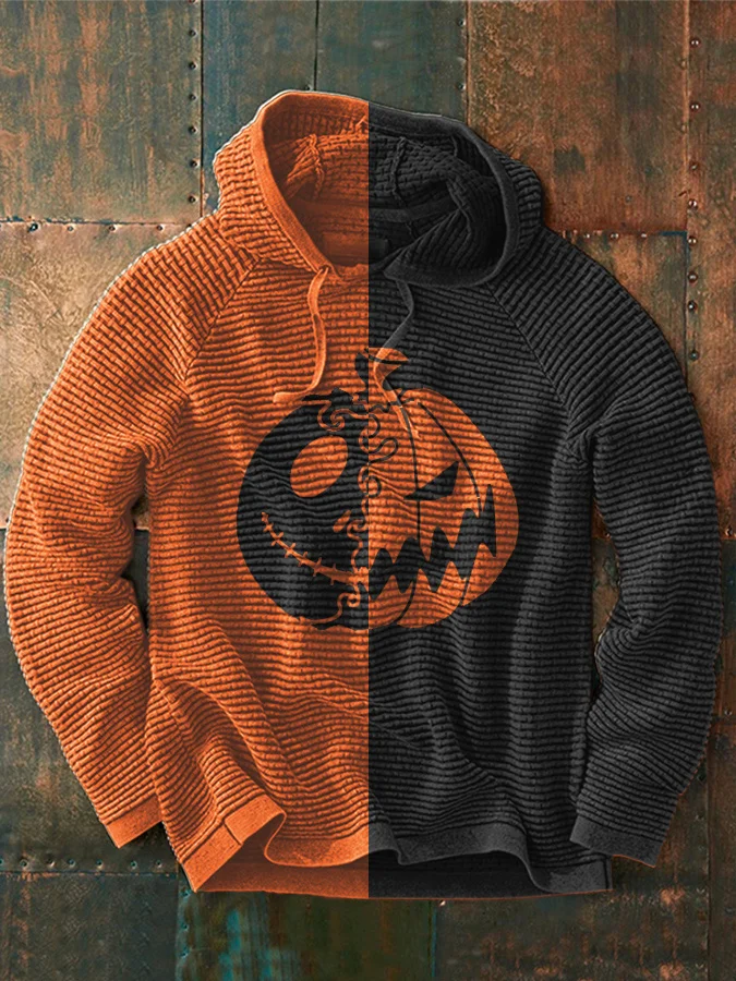 Men's Halloween Pumkin Print Casual Hooded Sweatshirt