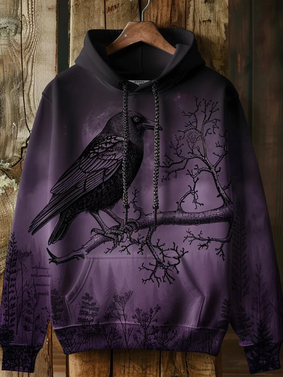 Men's Gothic Raven Art Printed Hoodie