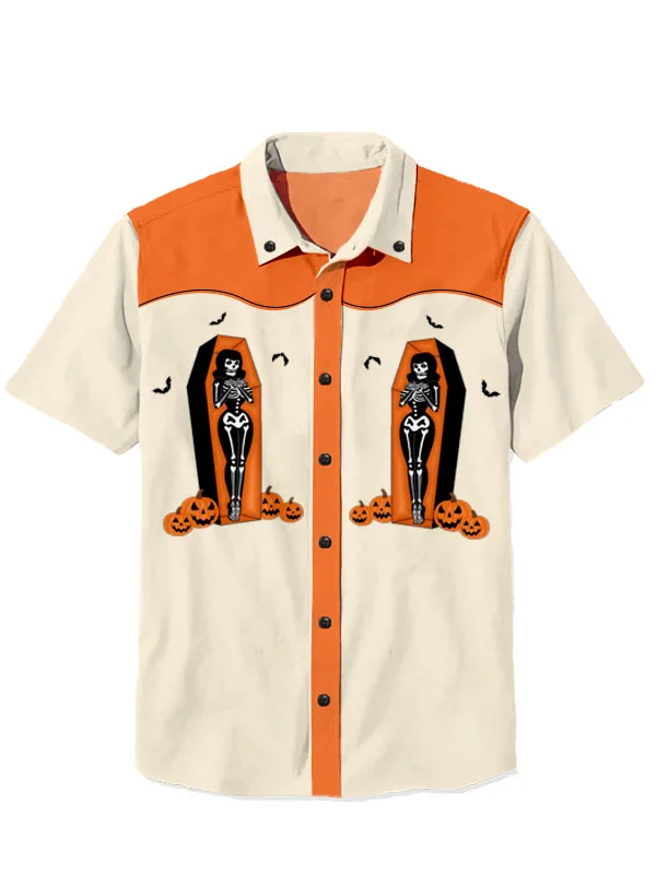 Western Retro Halloween Skull Pumpkin 100% Cotton Short Sleeve Shirt