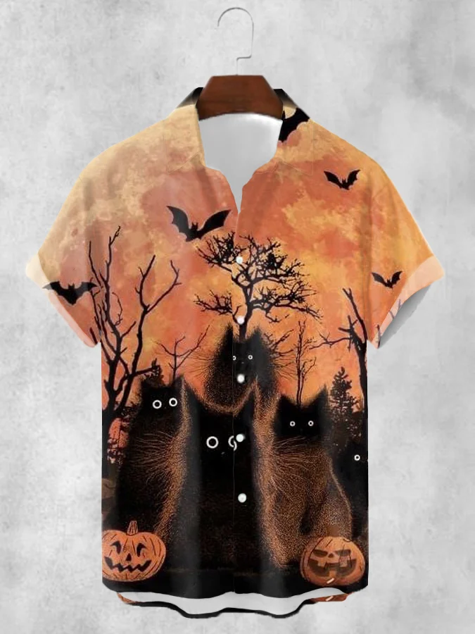 Men's Halloween Cat Print Casual Short Sleeve Shirt