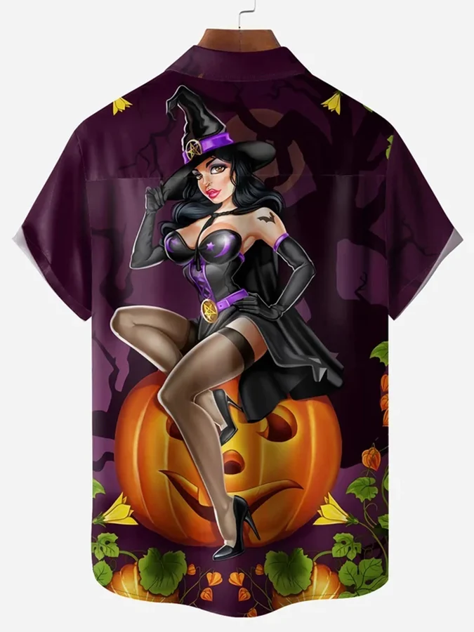 Fashion Halloween Witch Pumpkin Print Short Sleeve Shirt