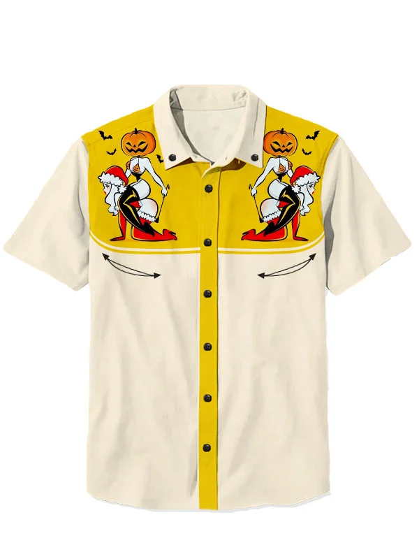 Western Retro Halloween Skeleton Witch 100% Cotton Short Sleeve Shirt