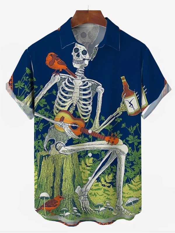 Men's Skull and Roses Print Resort Shirt