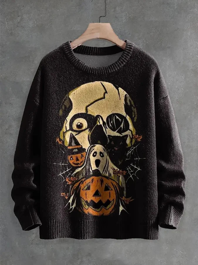 Broken Skull Ghost And Pumpkin Decorative Pattern Knit Pullover Sweater