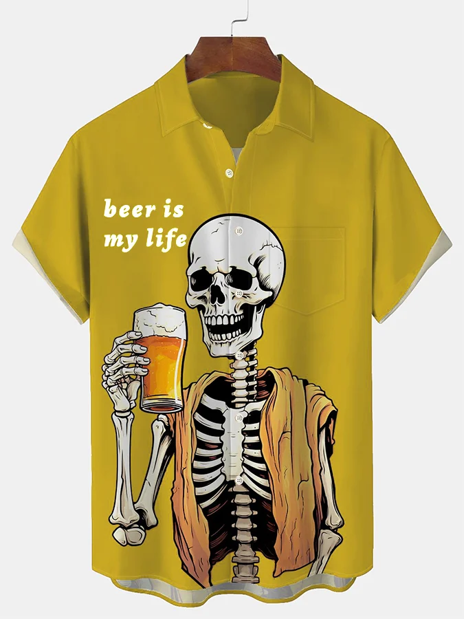 Men's Beer Is My Life Skull Print Shirt With Pockets