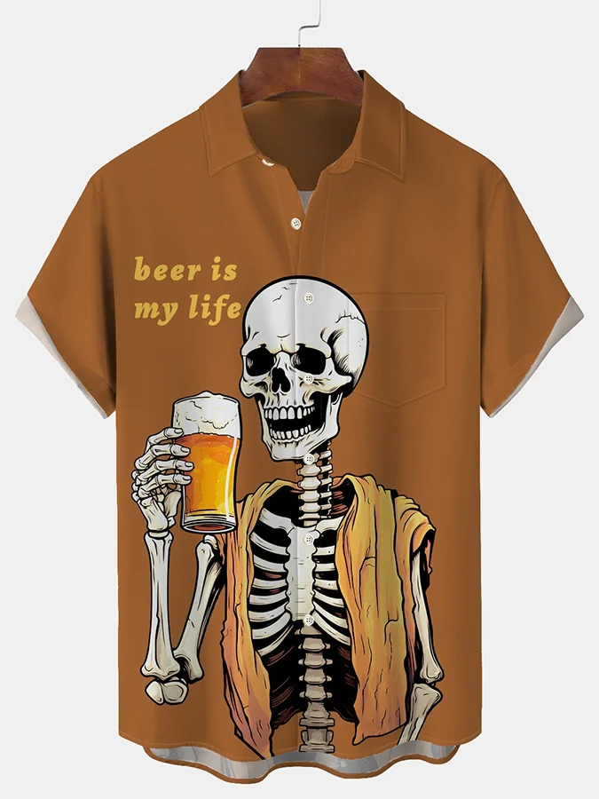 Men's Beer Is My Life Skull Print Shirt With Pockets