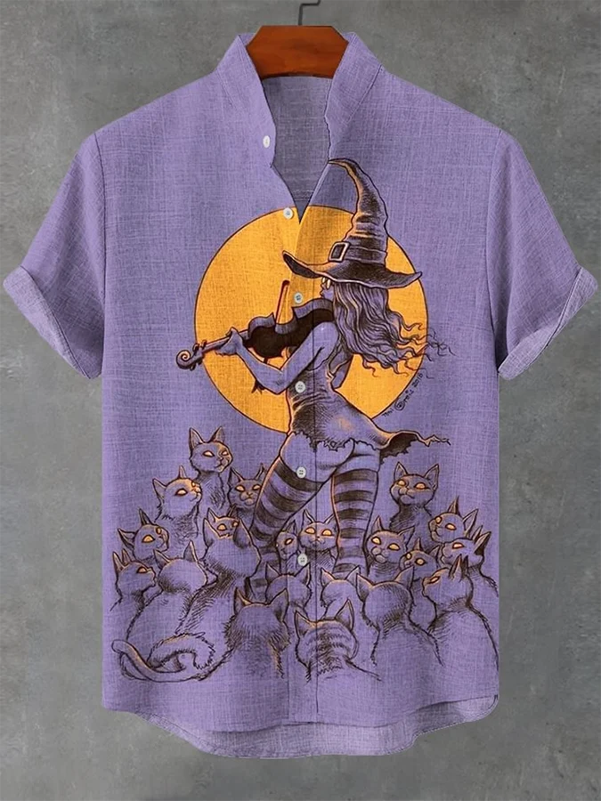 Men's Halloween Witch Print Casual Stand Collar Shirt