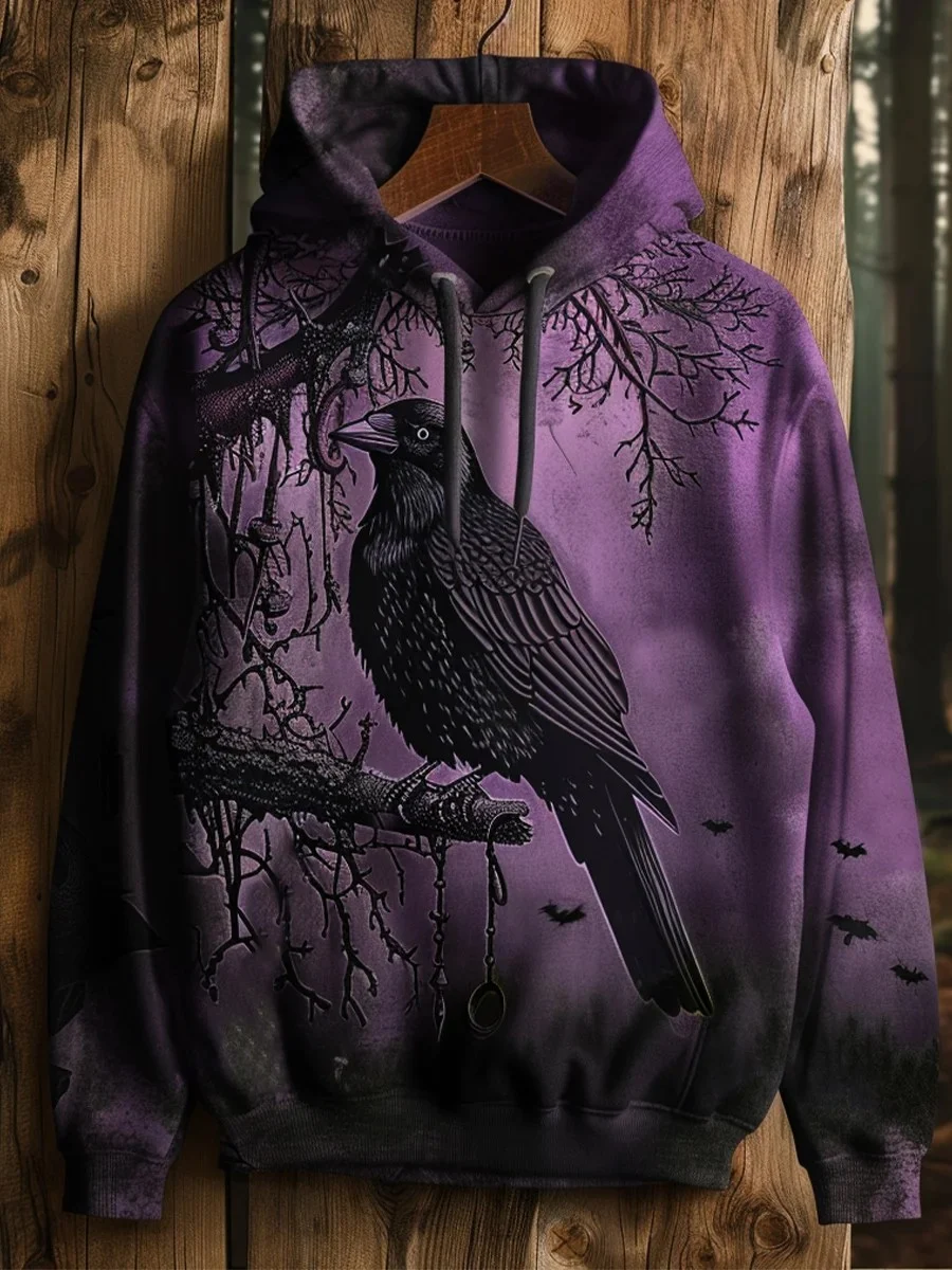 Men's Gothic Raven Art Printed Hoodie