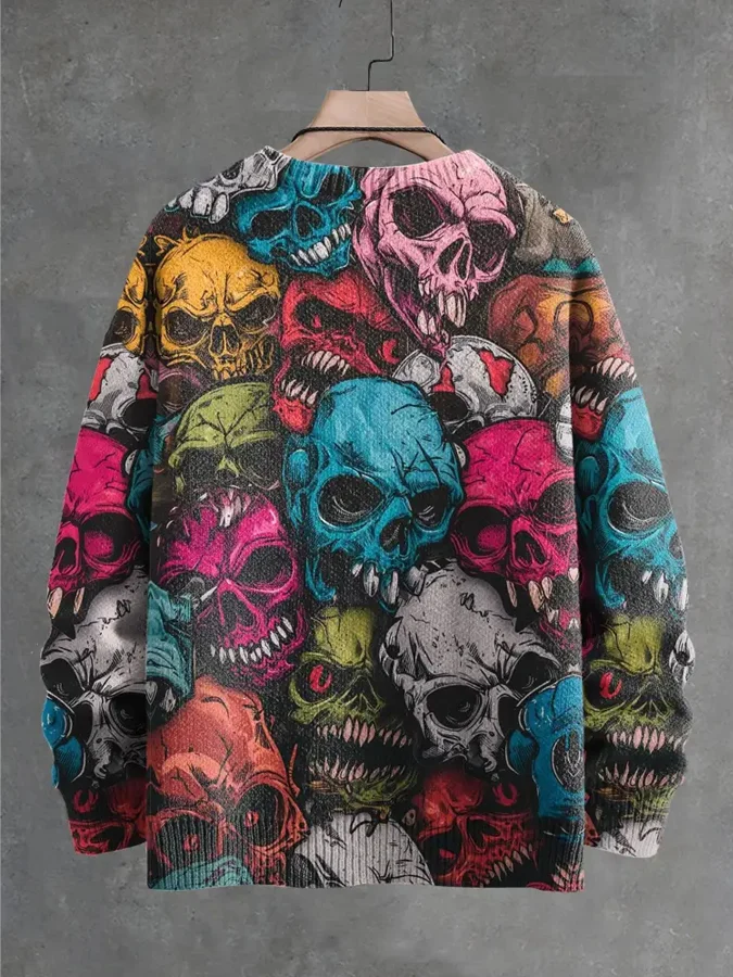 Vintage Multicolor Skull Halloween Art Print Knit Pullover Sweater