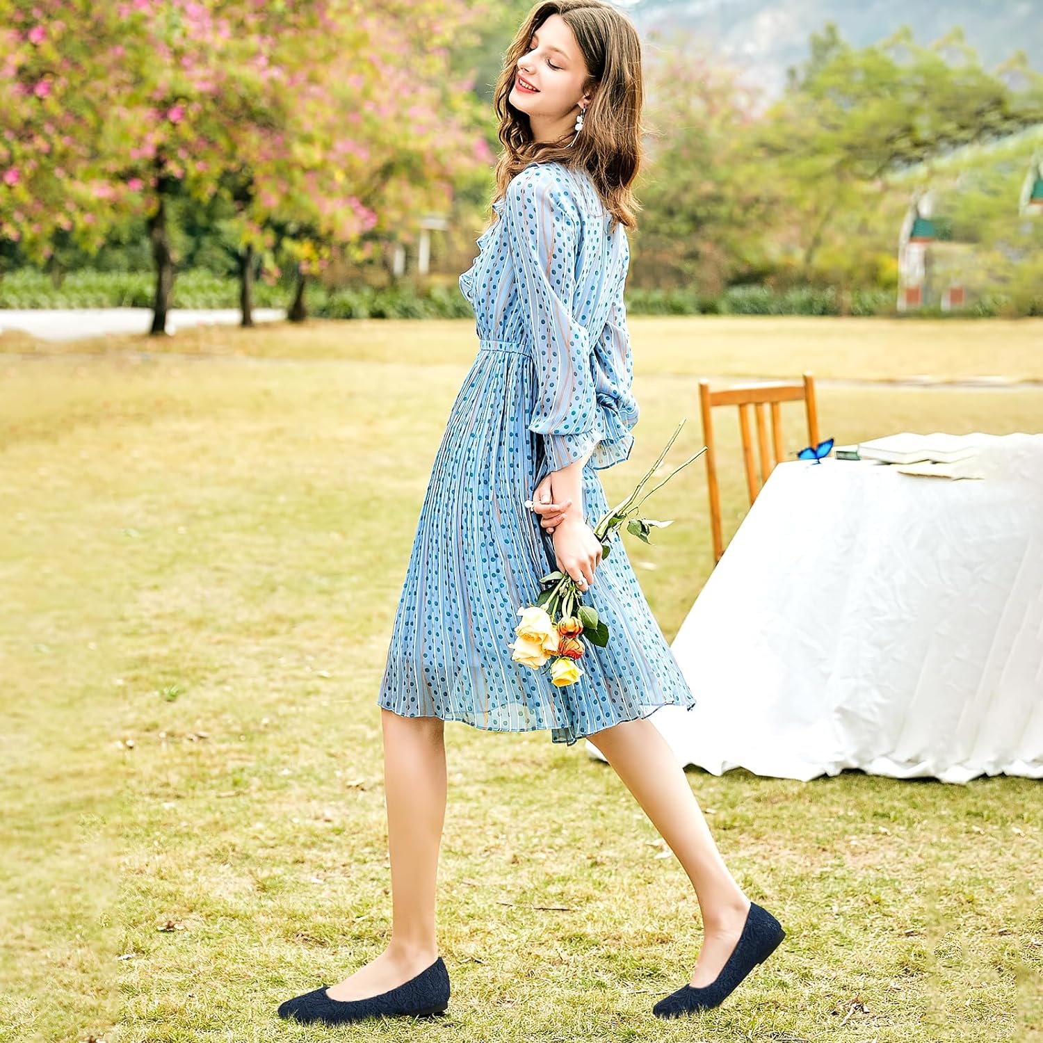 Dress Shoes for Women Round Toe Flats Shoes Lace Ballet Flats Dressy Comfortable Foldable Flats Low Heel