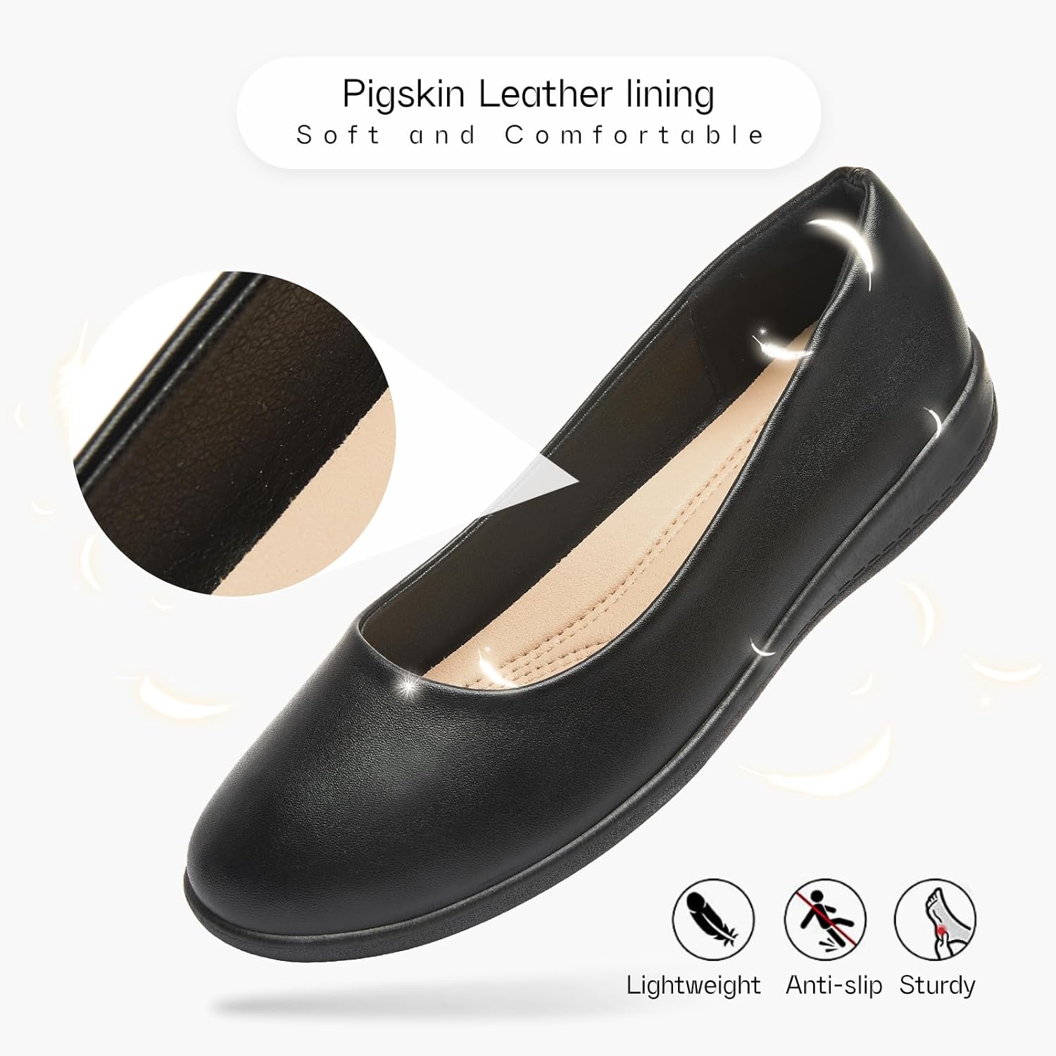 Women's Flats Comfortable Black Flats Shoes Women Round Toe Ballerina Flats Leather Dress Shoes Work Flats for Office