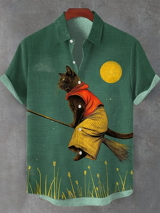 Men's Cat Broom Halloween Print Casual Shirt